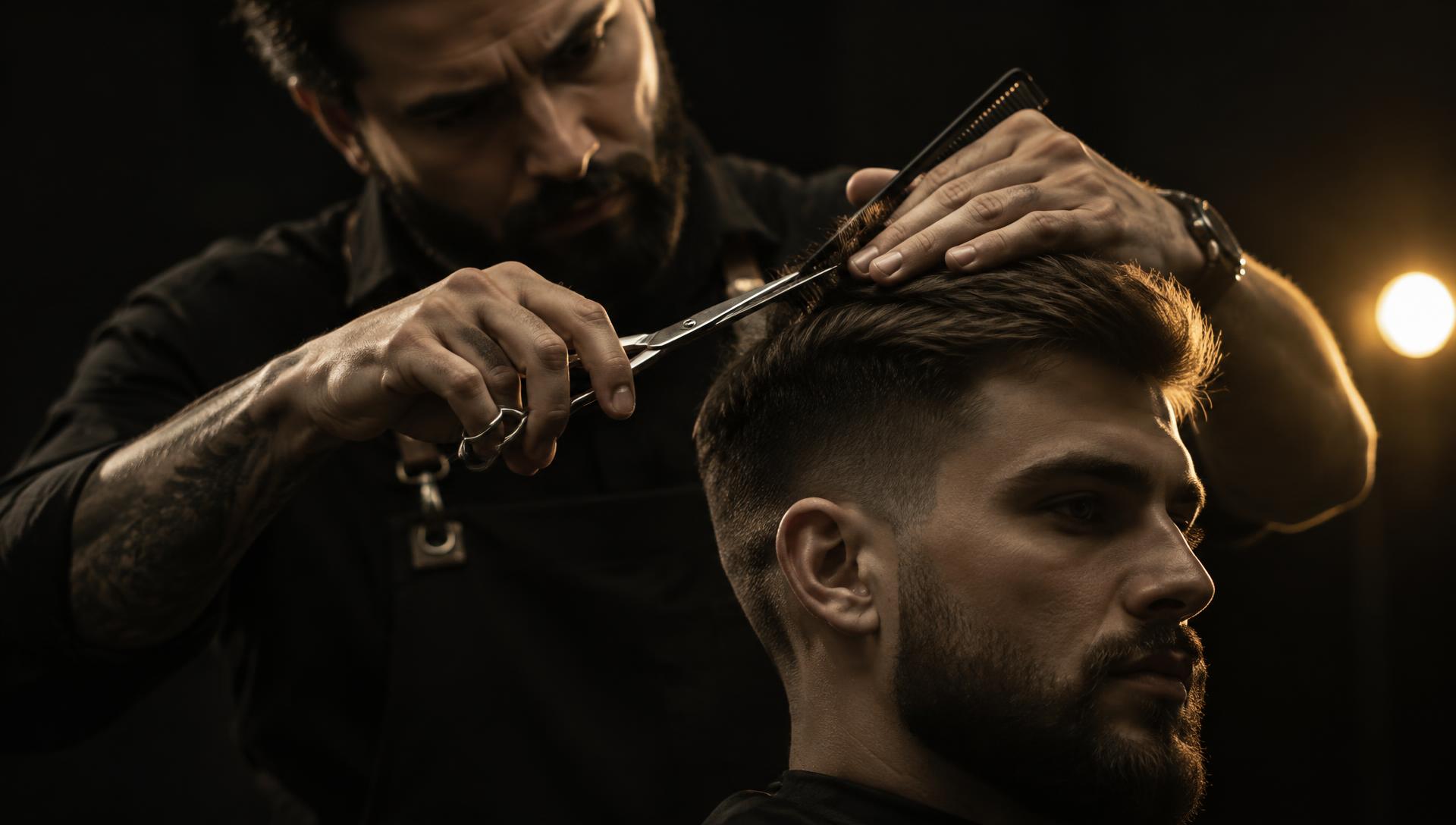 Professor da DOMINE Academy cortando cabelo com tesoura